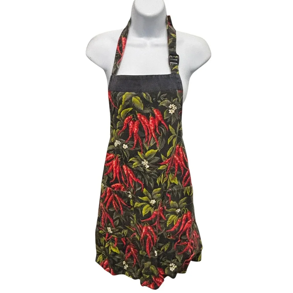 Fresh Impressions Red Chili Pepper Print Bib Apron with Pockets Black Cotton